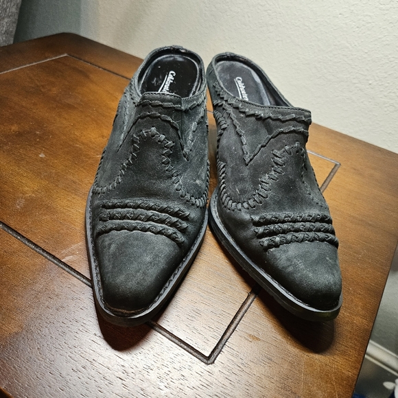 Coldwater Creek Women’s 6M Western Suede Black Bronco Mules Clogs pre-owned - Picture 2 of 6